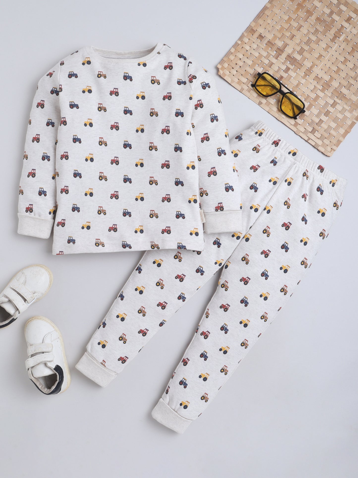 Baby Nation Kids Printed Cotton Night Suit Set- Creme Tractor