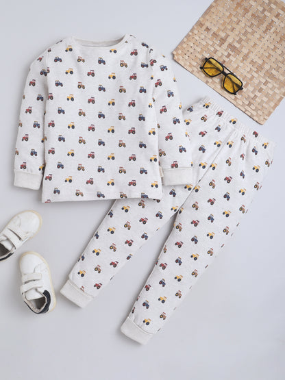 Baby Nation Kids Printed Cotton Night Suit Set- Creme Tractor
