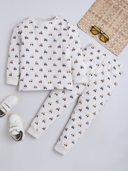 Baby Nation Kids Printed Cotton Night Suit Set- Creme Tractor