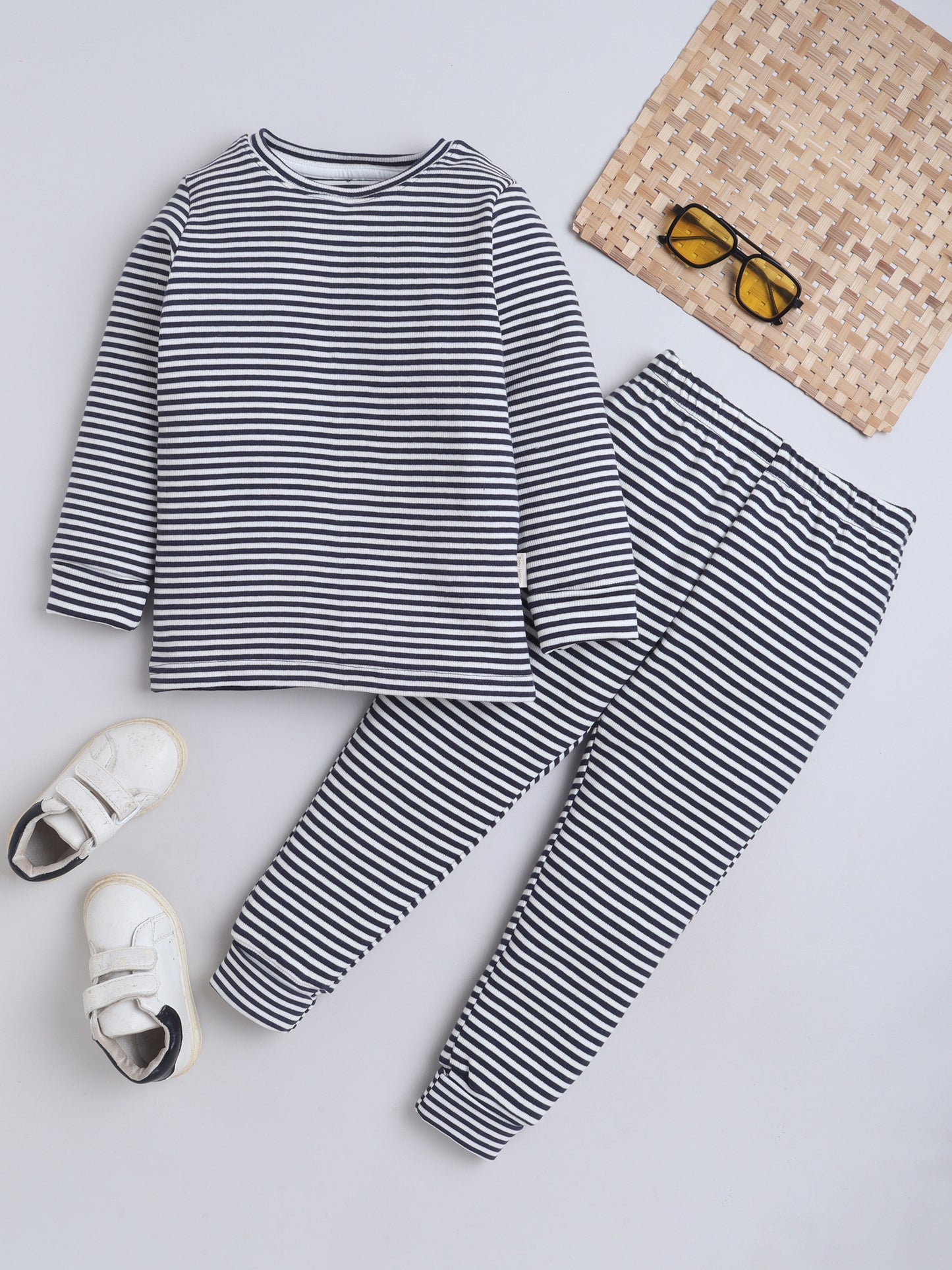 Baby Nation Kids Printed Cotton Night Suit Set-Navy Striped