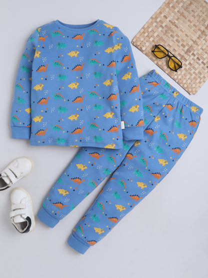 Baby Nation Kids Printed Cotton Night Suit Set- Blue Dino