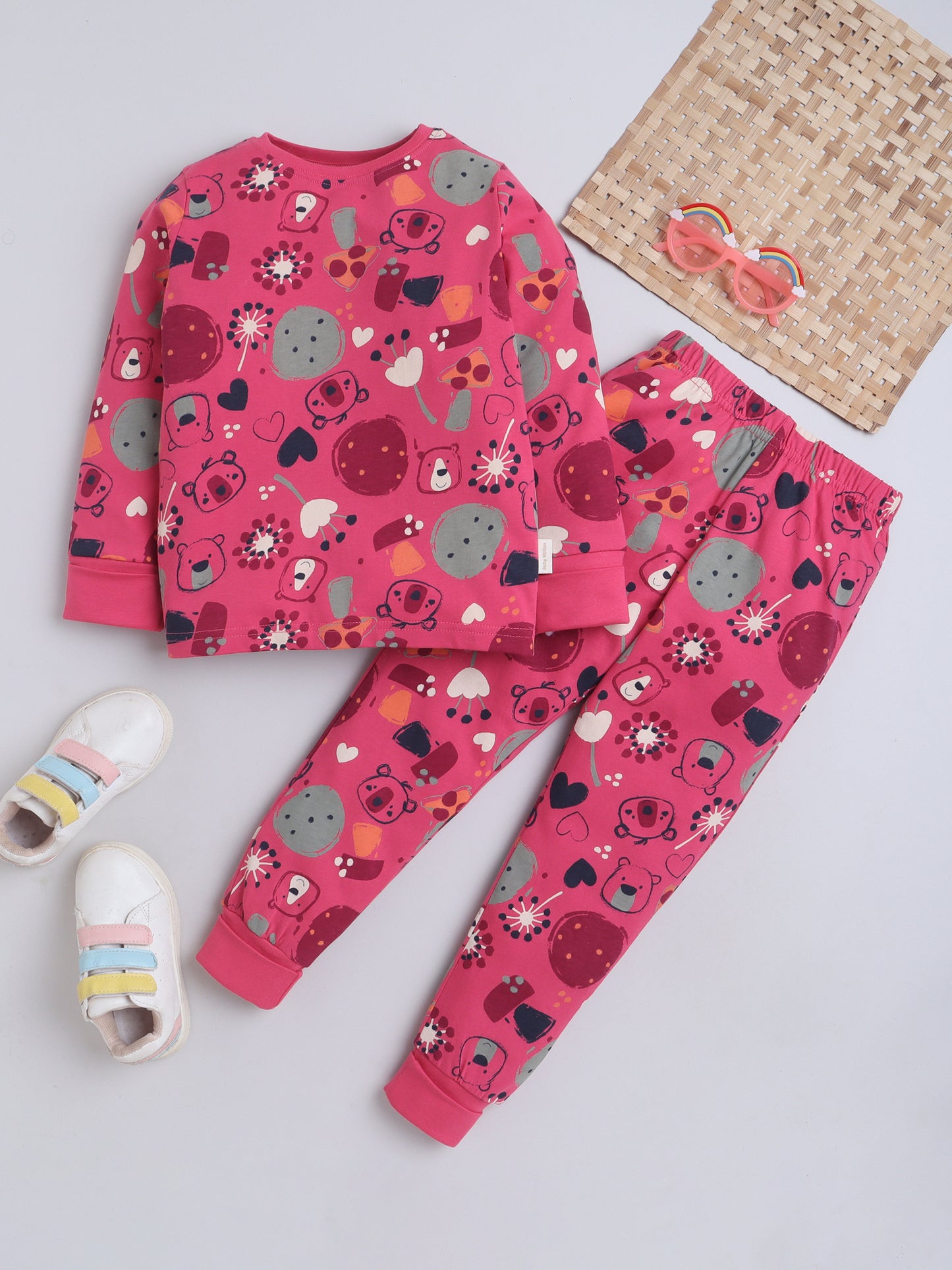 Baby Nation Kids Printed Cotton Night Suit Set- Dark Green Fox