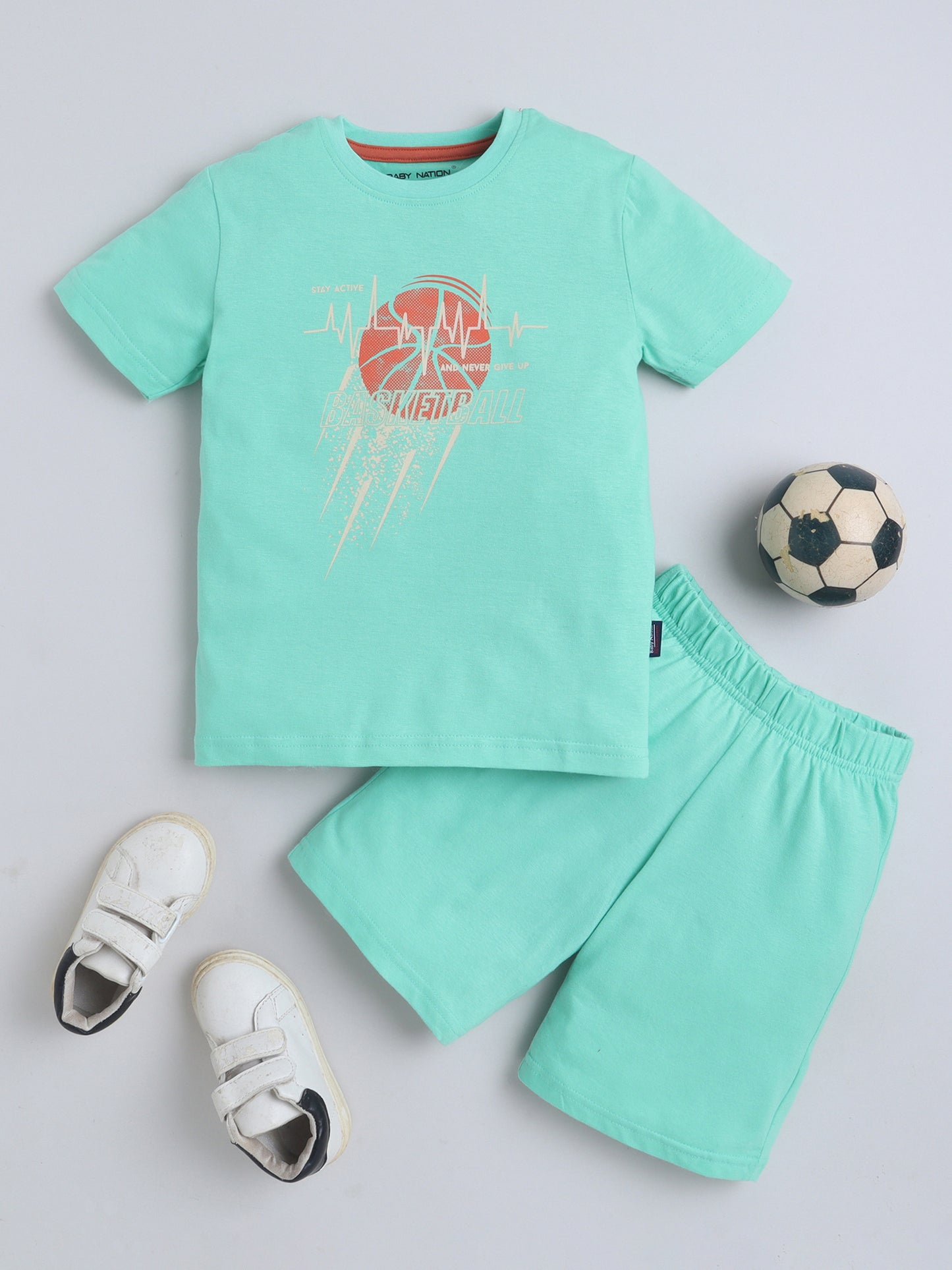 Unisex Cotton Coord Sets- Green Basket Ball Print