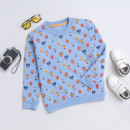 Unisex Kids Sweatshirt – Sky Blue with Cute Animal Faces Print