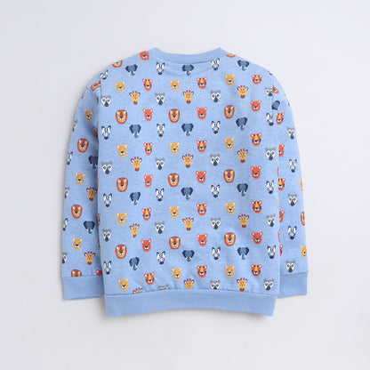 Unisex Kids Sweatshirt – Sky Blue with Cute Animal Faces Print