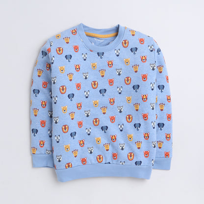 Unisex Kids Sweatshirt – Sky Blue with Cute Animal Faces Print