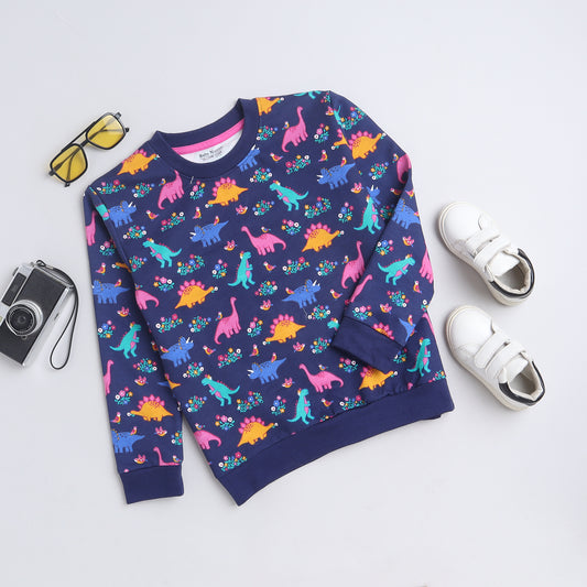 Unisex Kids Sweatshirt – Navy Blue with Colorful Dinosaur Print