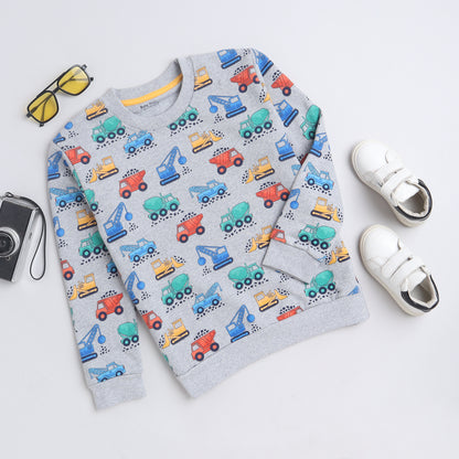 Unisex Kids Sweatshirt – Grey with Colorful Vehicle Print