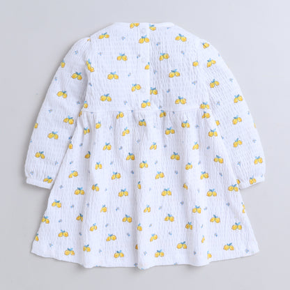 Girls White Cotton Frock with Lemon Print