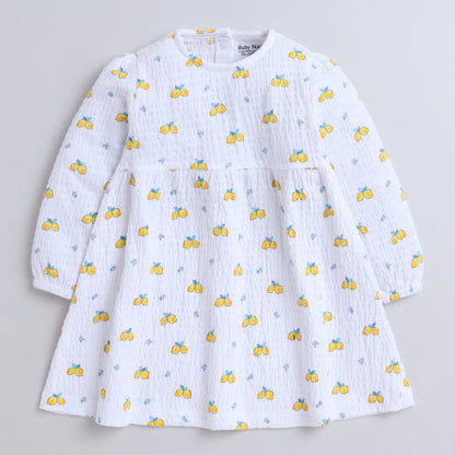 Girls White Cotton Frock with Lemon Print