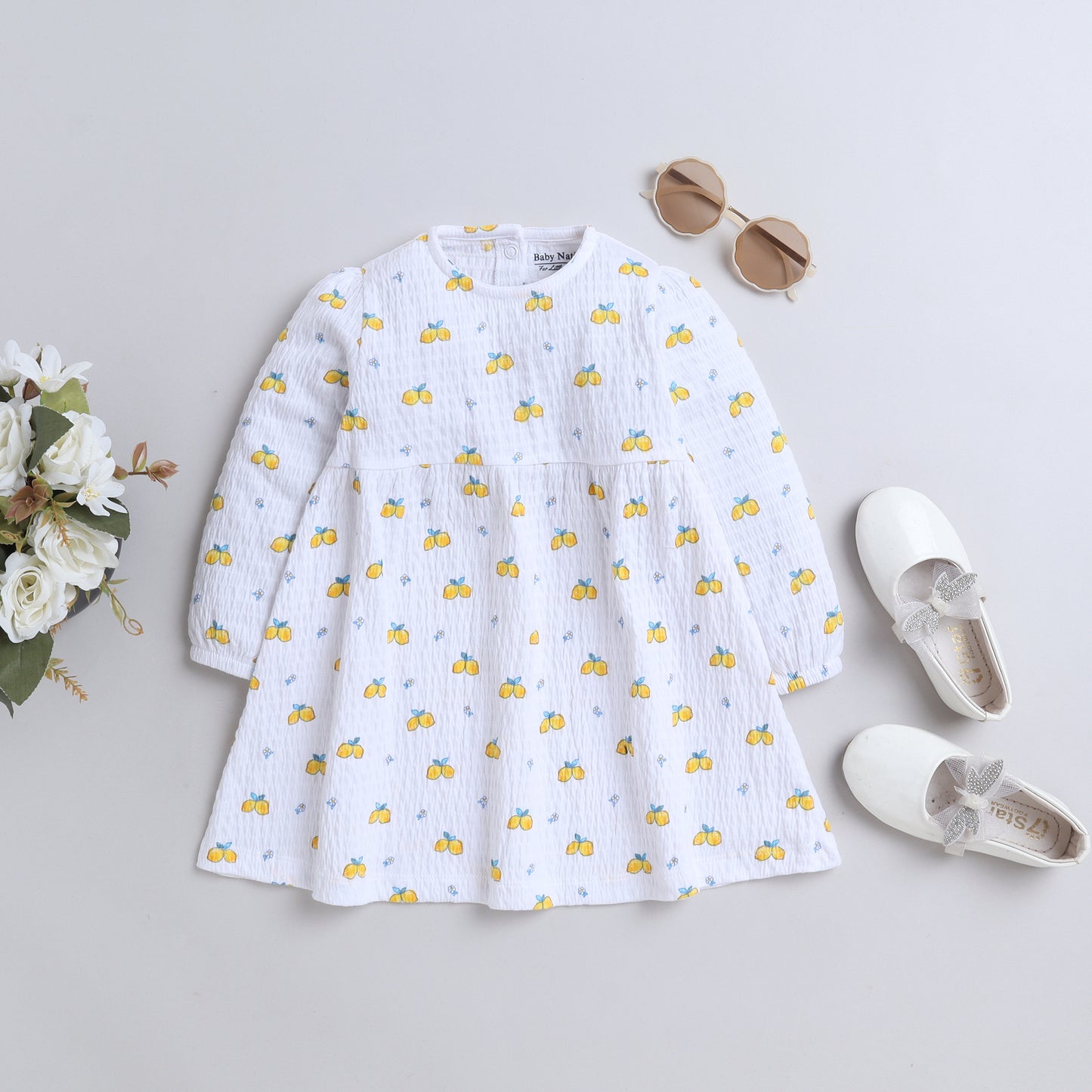 Girls White Cotton Frock with Lemon Print