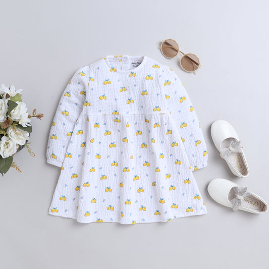 Girls White Cotton Frock with Lemon Print