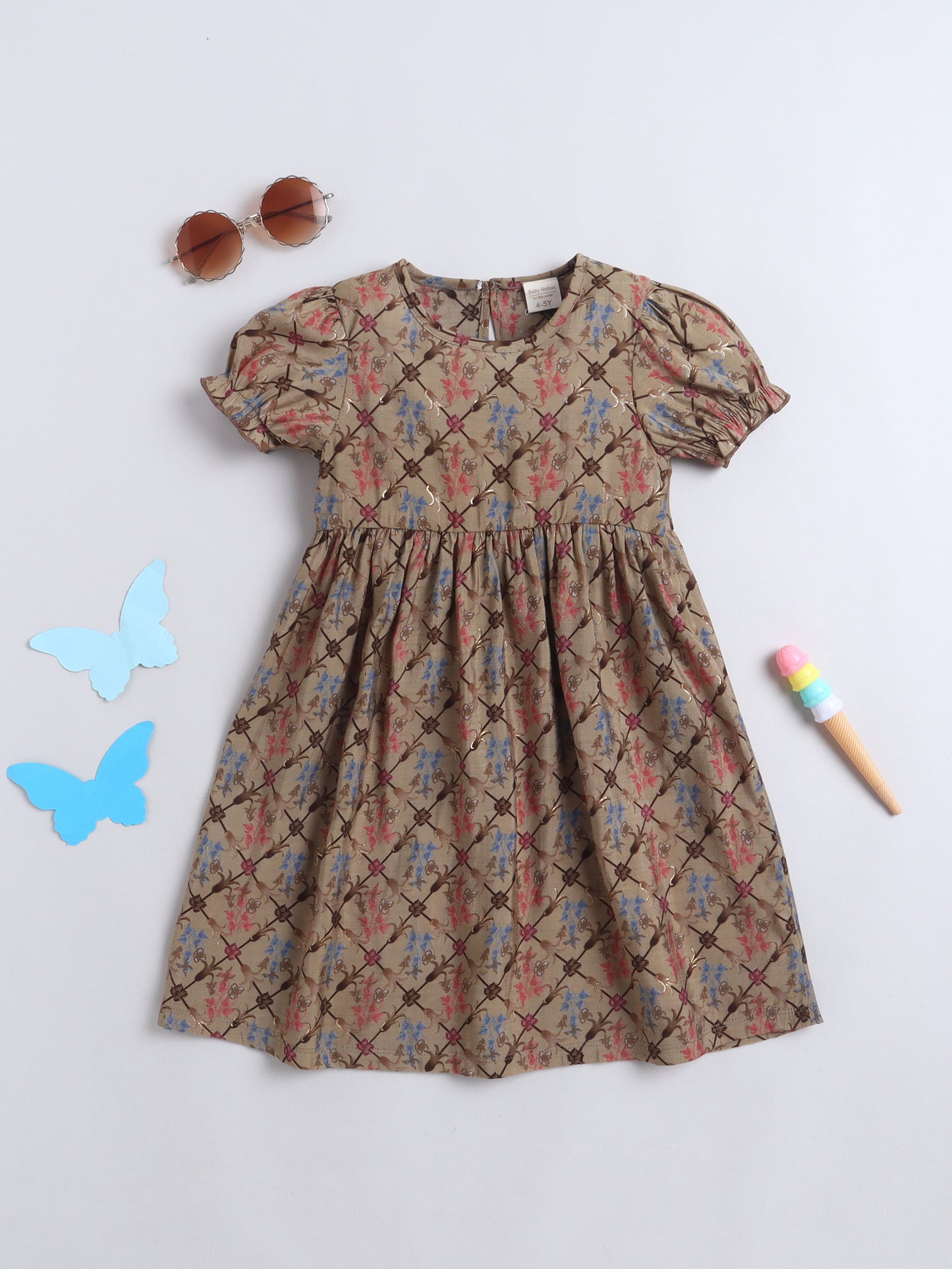 Girls Printed Fit & Flare Dress | Poly Rayon Casual Frock - Brown