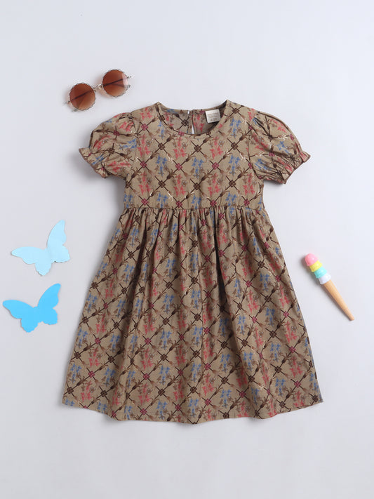 Girls Printed Fit & Flare Dress | Poly Rayon Casual Frock - Brown