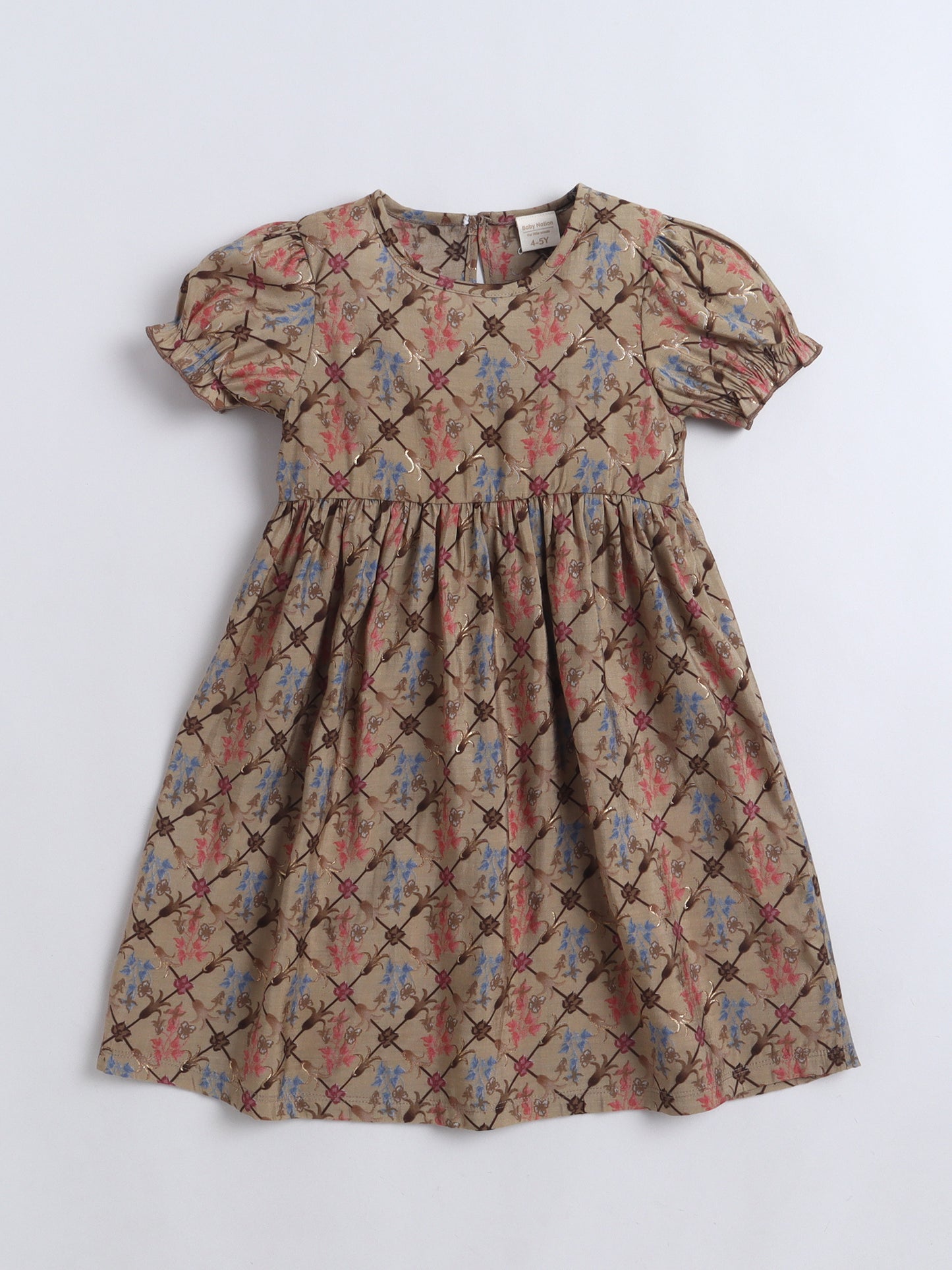 Girls Printed Fit & Flare Dress | Poly Rayon Casual Frock - Brown