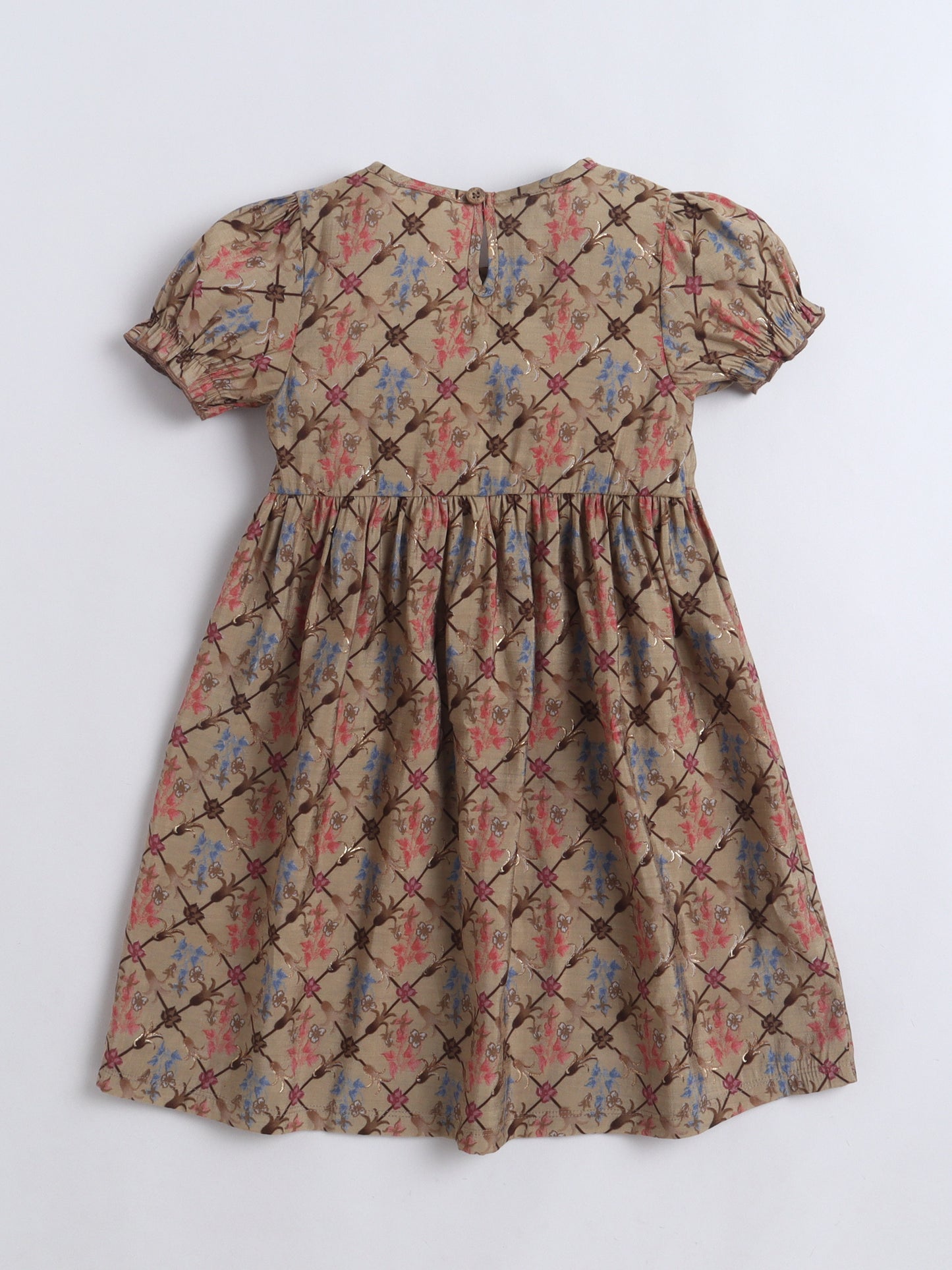 Girls Printed Fit & Flare Dress | Poly Rayon Casual Frock - Brown