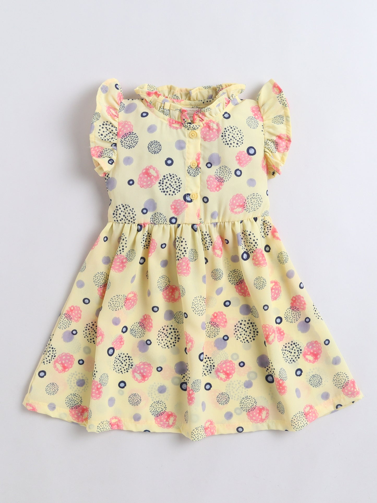 Girls Printed Fit & Flare Dress | Poly Rayon Casual Frock - Yellow