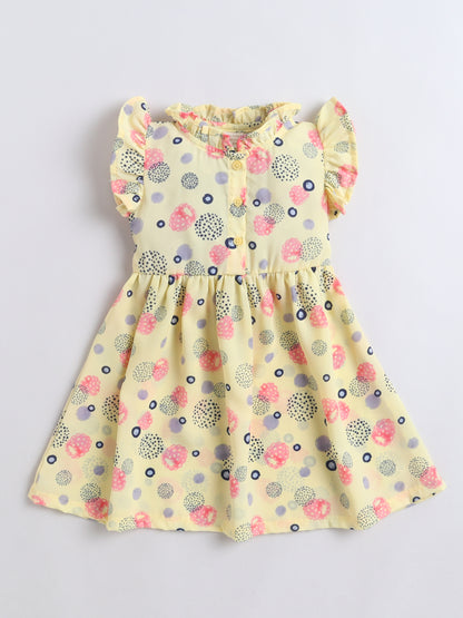 Girls Printed Fit & Flare Dress | Poly Rayon Casual Frock - Yellow