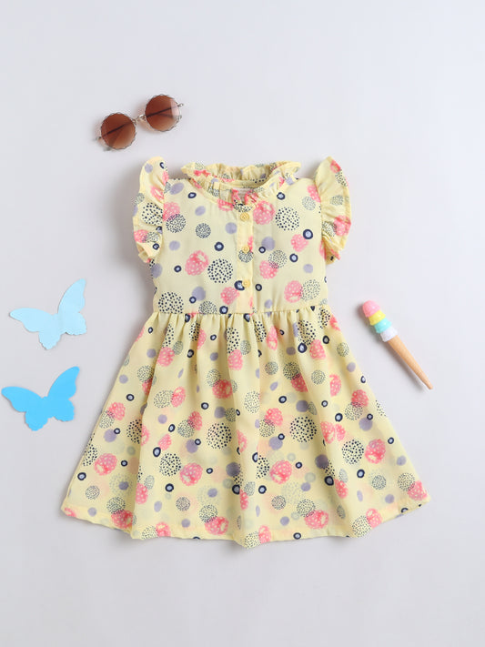 Girls Printed Fit & Flare Dress | Poly Rayon Casual Frock - Yellow