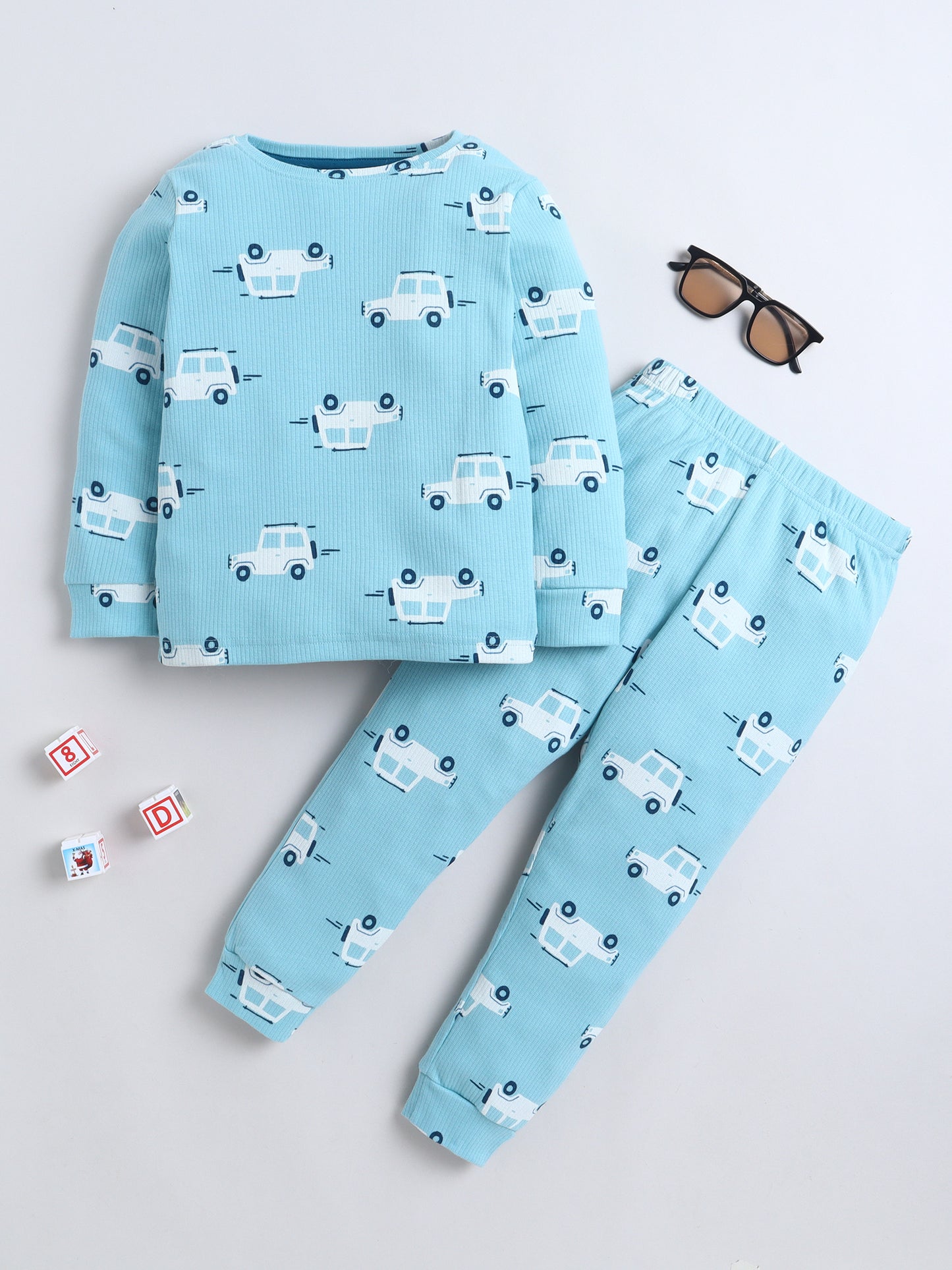 Baby Nation Kids Printed Cotton Night Suit Set - Blue Car AOP