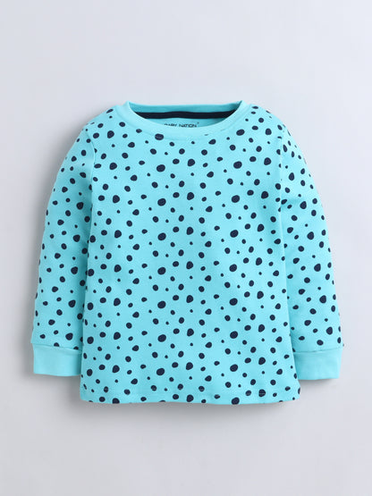 Baby Nation Kids Printed Cotton Night Suit Set - Cyan Polka Dot