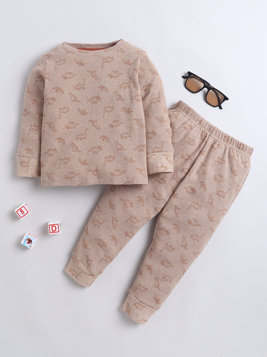Baby Nation Kids Printed Cotton Night Suit Set - Brown Dino