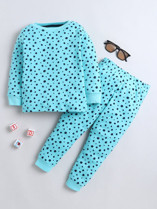 Baby Nation Kids Printed Cotton Night Suit Set - Cyan Polka Dot
