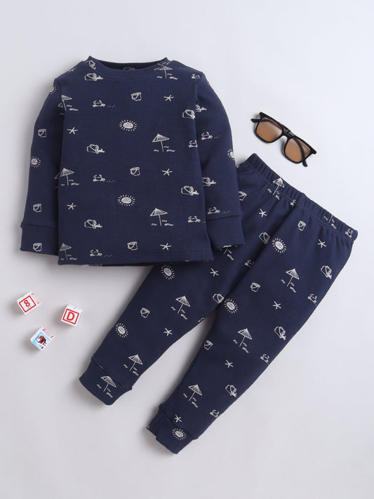Baby Nation Kids Printed Cotton Night Suit Set - Navy Sea AOP