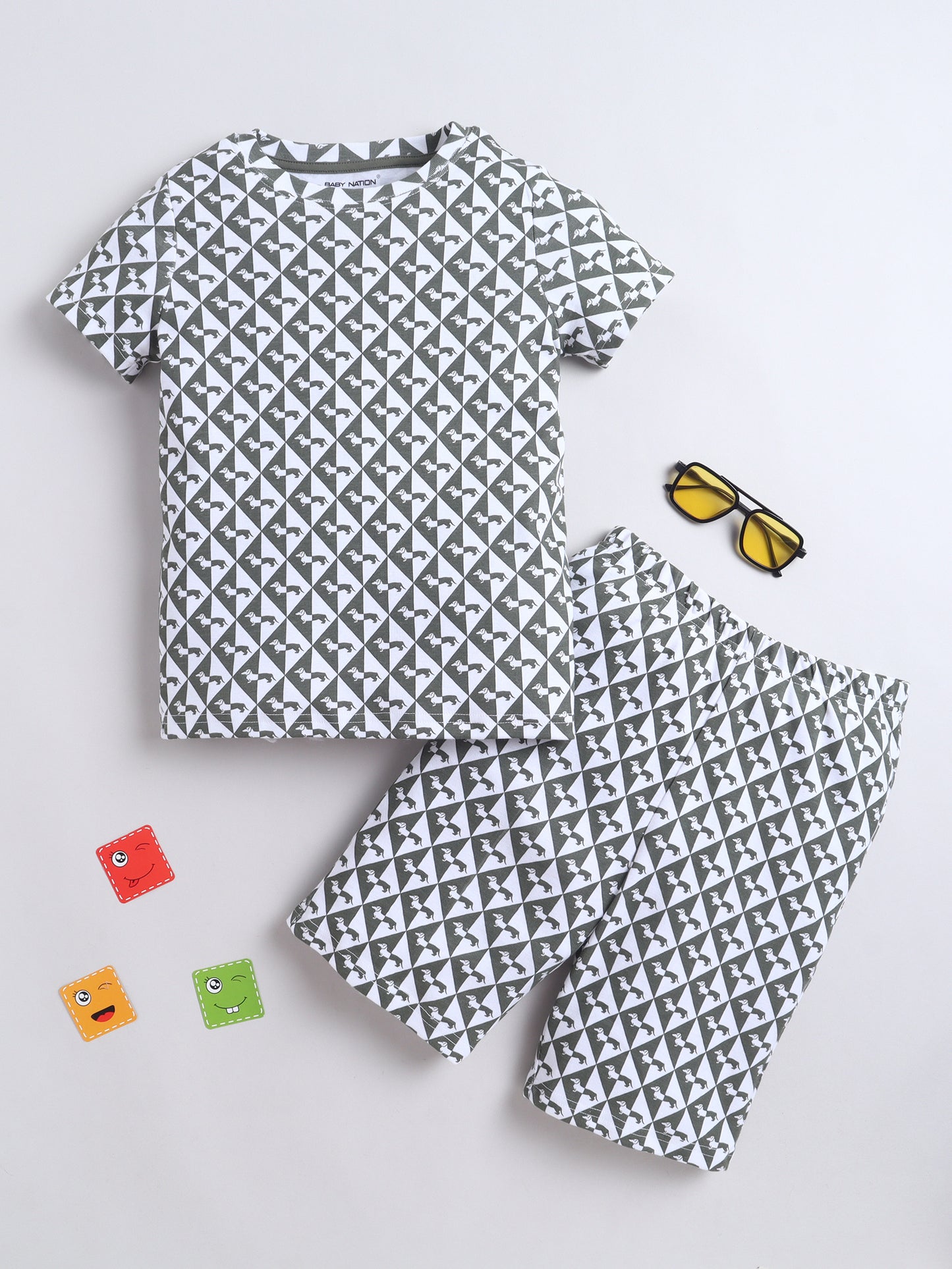 Baby Nation Cotton Knit Half Sleeves Dog Printed Coordinating Shorts Set - Charcoal Grey