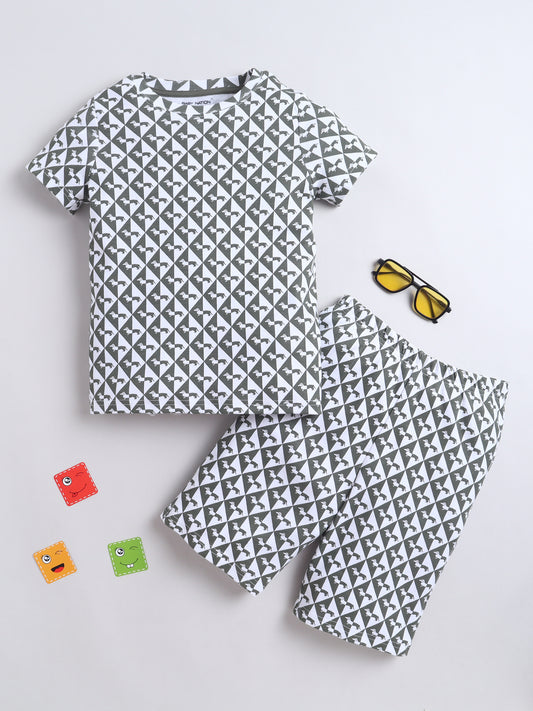 Baby Nation Cotton Knit Half Sleeves Dog Printed Coordinating Shorts Set - Charcoal Grey