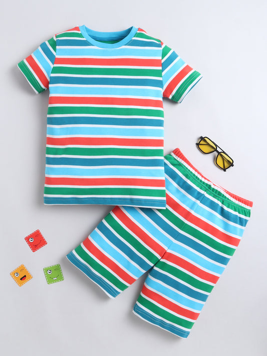 Baby Nation Cotton Knit Half Sleeves Rainbow Striped Coordinating Shorts Set - Multi Color