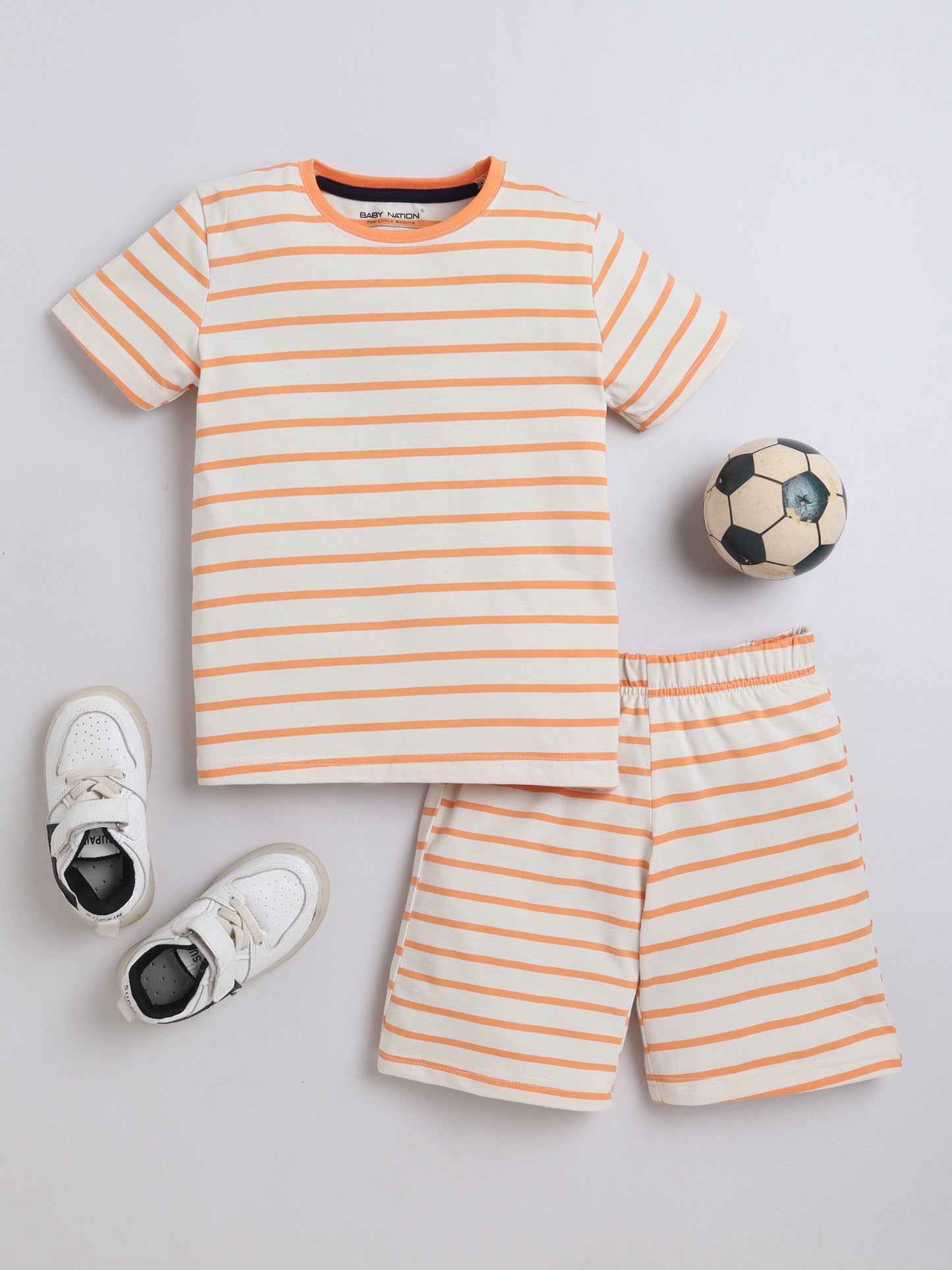 Baby Nation Cotton Knit Half Sleeve Coord Short Set - Orange Stripes