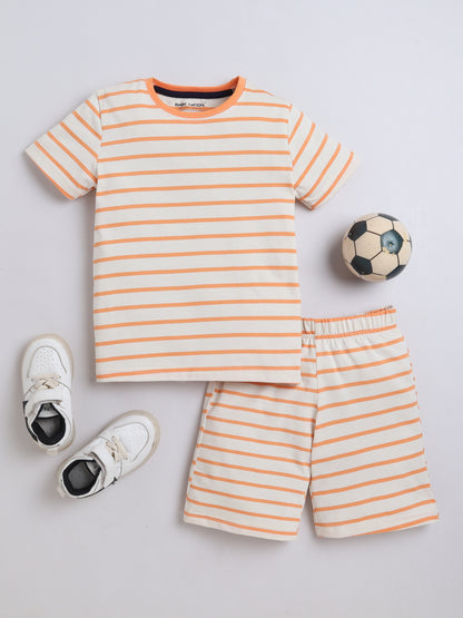 Baby Nation Cotton Knit Half Sleeve Coord Short Set - Orange Stripes