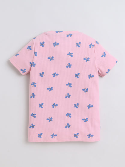 Baby Nation Cotton Knit Half Sleeves Butterfly Printed T-Shirt - Pink