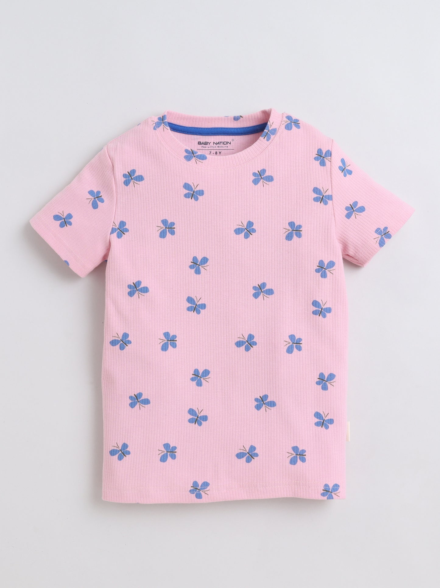 Baby Nation Cotton Knit Half Sleeves Butterfly Printed T-Shirt - Pink