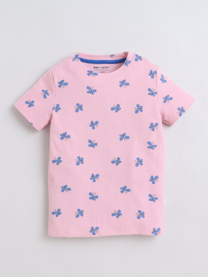 Baby Nation Cotton Knit Half Sleeves Butterfly Printed T-Shirt - Pink