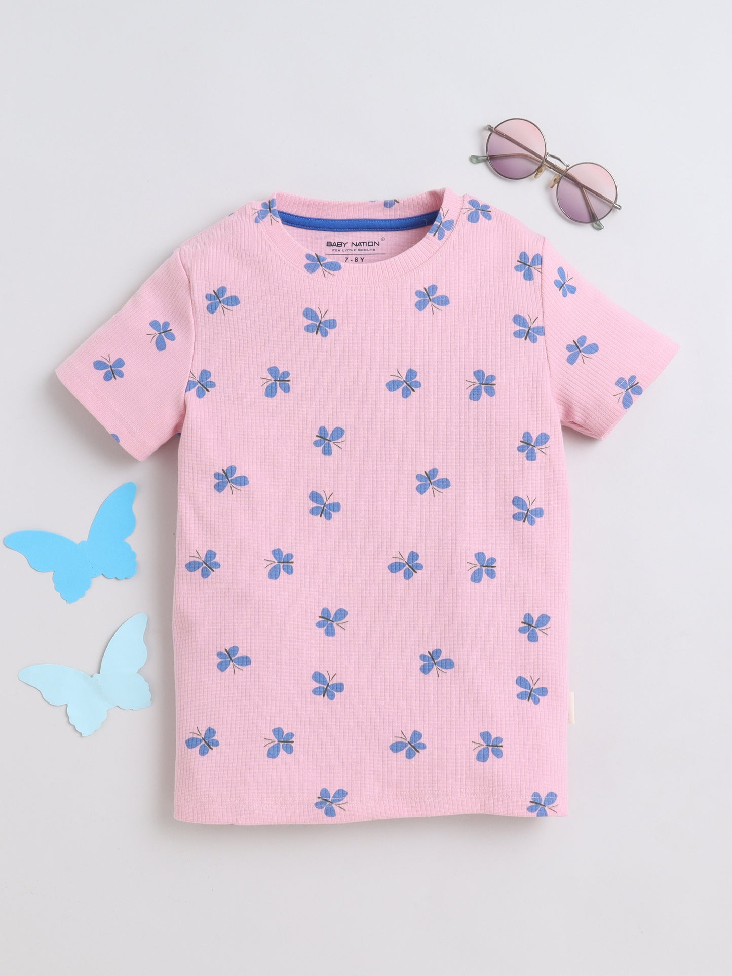 Baby Nation Cotton Knit Half Sleeves Butterfly Printed T-Shirt - Pink