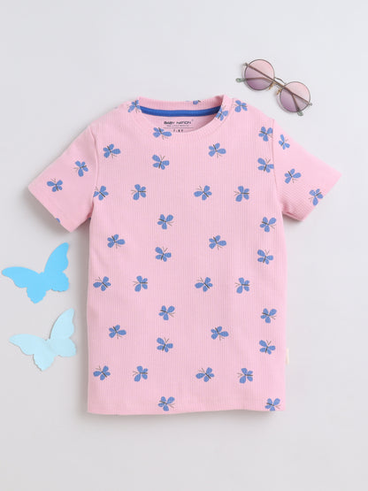Baby Nation Cotton Knit Half Sleeves Butterfly Printed T-Shirt - Pink
