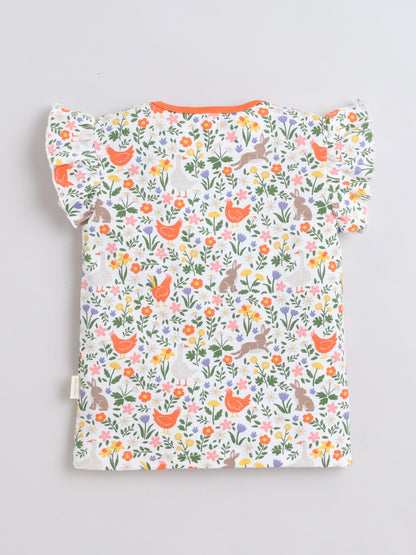 Girls Frill Sleeve T-Shirt - White Chicken
