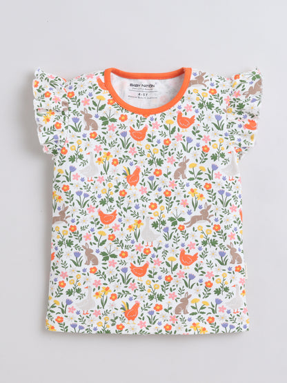 Girls Frill Sleeve T-Shirt - White Chicken