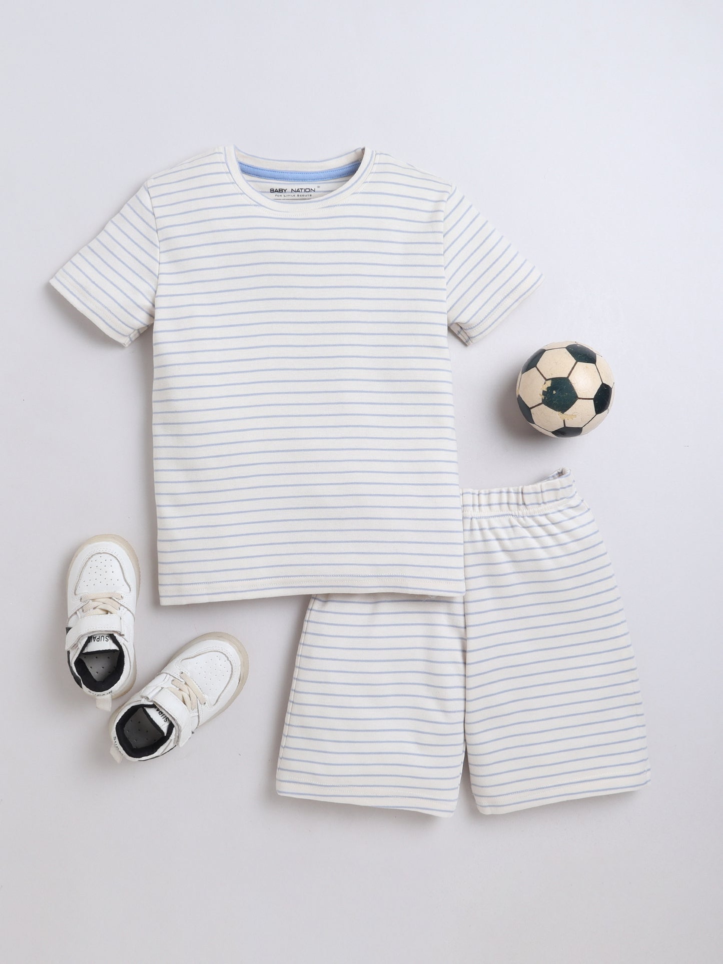 Baby Nation Cotton Knit Half Sleeve Coord Short Set - Light Blue Stripes