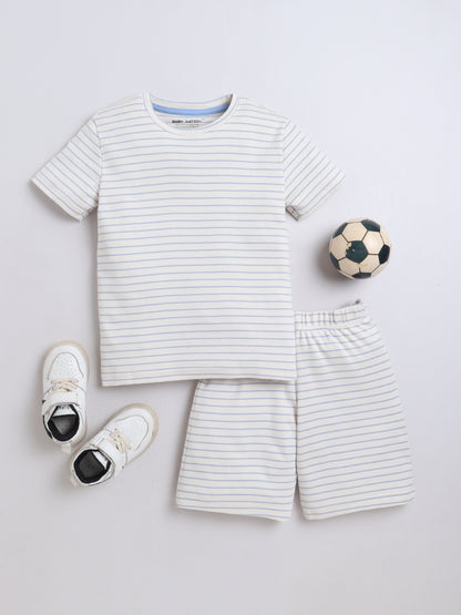 Baby Nation Cotton Knit Half Sleeve Coord Short Set - Light Blue Stripes