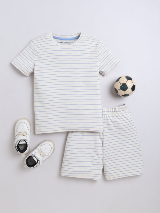 Baby Nation Cotton Knit Half Sleeve Coord Short Set - Light Blue Stripes