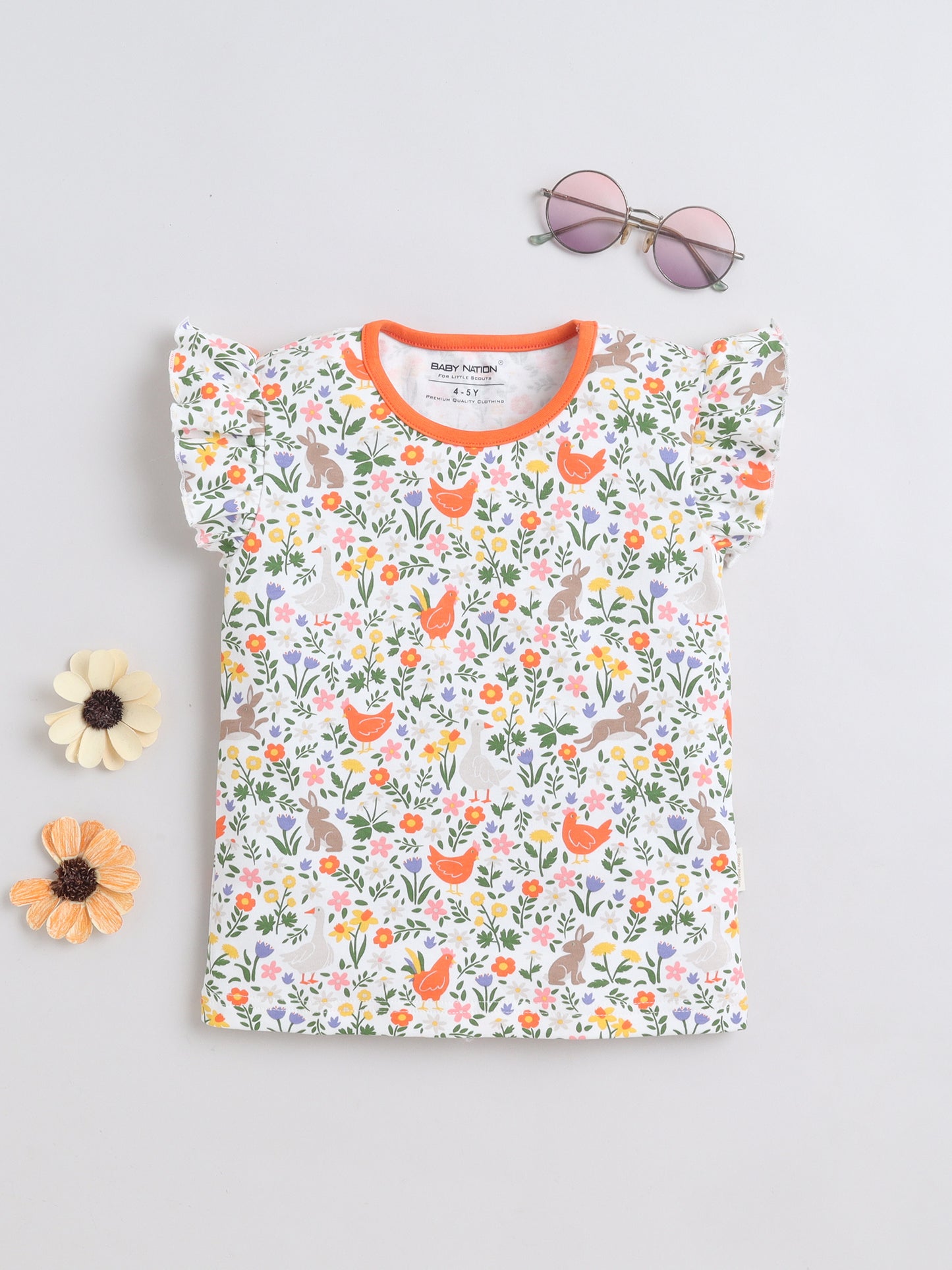 Girls Frill Sleeve T-Shirt - White Chicken