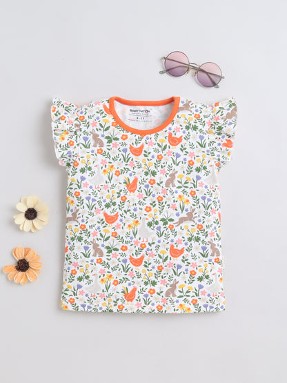 Girls Frill Sleeve T-Shirt - White Chicken