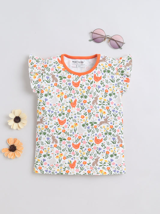 Girls Frill Sleeve T-Shirt - White Chicken