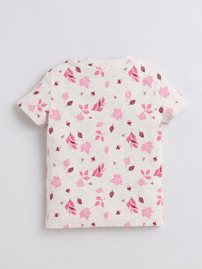 Baby Nation Cotton Knit Half Sleeves Leaf Printed T-Shirt - Cream