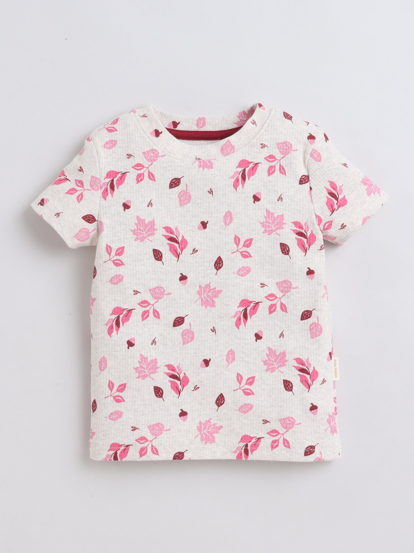 Baby Nation Cotton Knit Half Sleeves Leaf Printed T-Shirt - Cream
