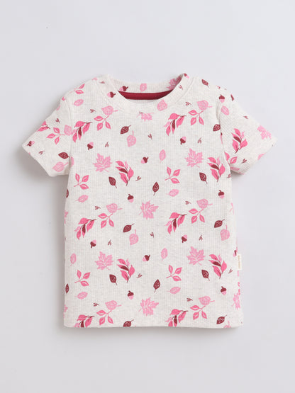 Baby Nation Cotton Knit Half Sleeves Leaf Printed T-Shirt - Cream