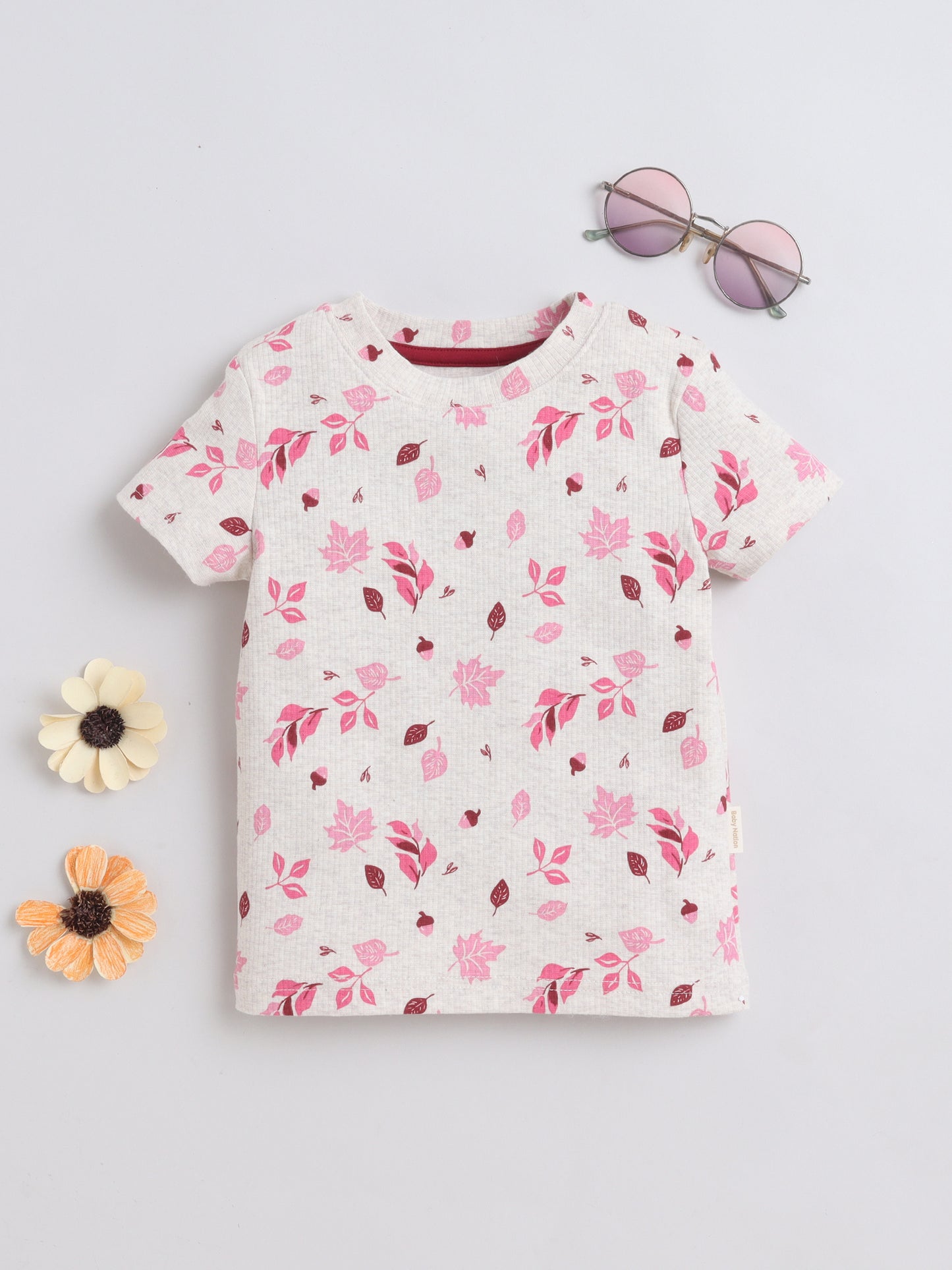 Baby Nation Cotton Knit Half Sleeves Leaf Printed T-Shirt - Cream